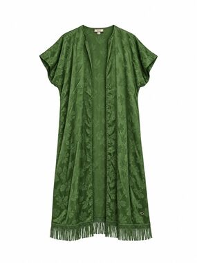 EDDY Rachael Jacket Emerald Green Floral Jacquard Fringe Long Duster Medium